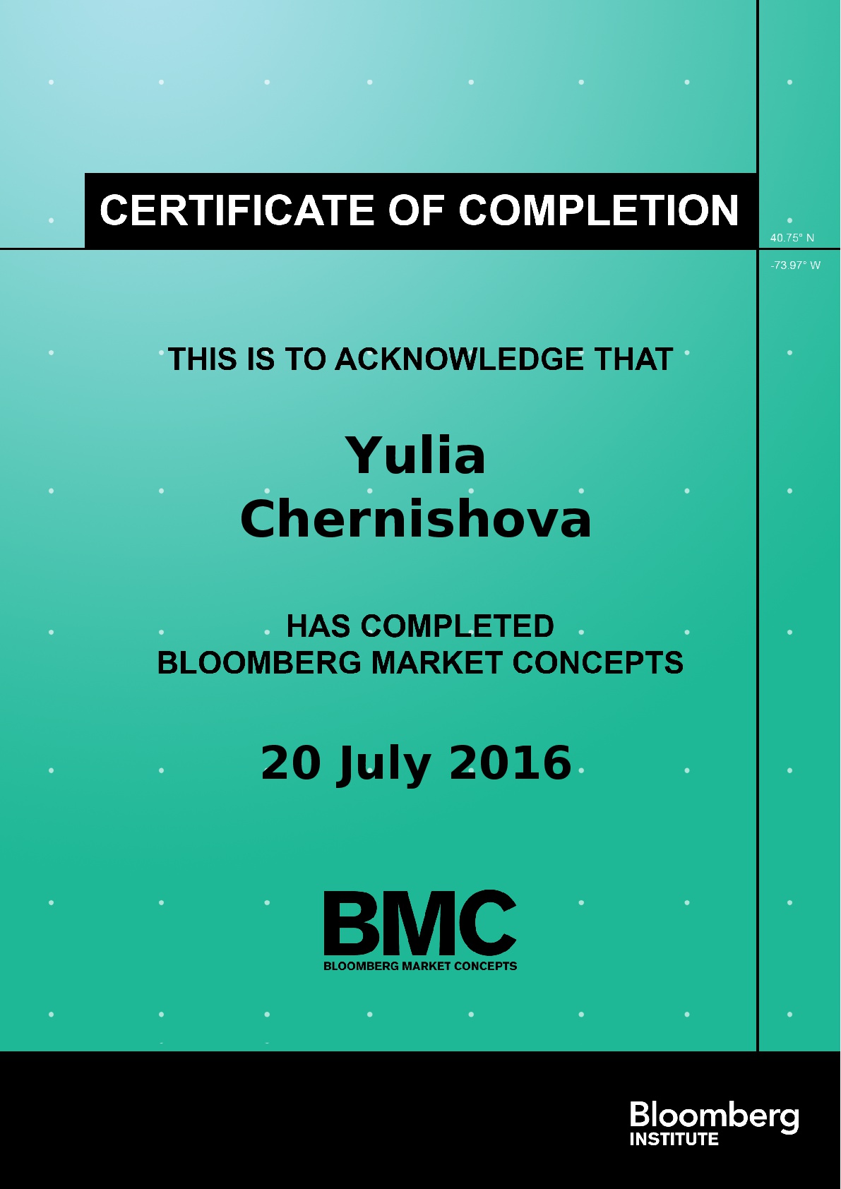 Bloomberg Certificate for Chernishova Yulia